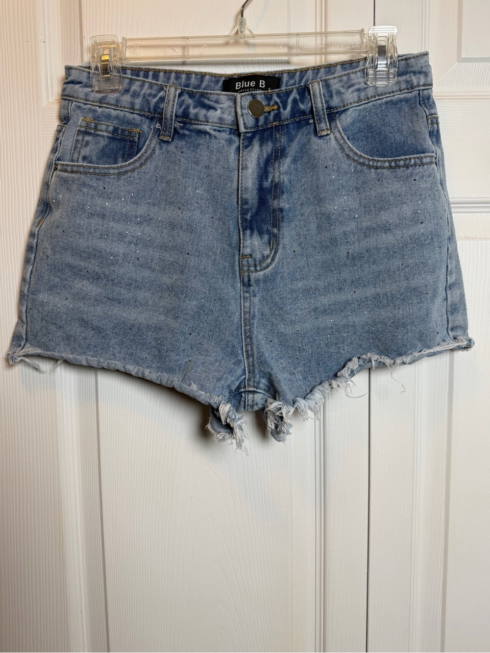 Blue B Rhinestone Denim Shorts Medium Light Wash Frayed Hem High Rise
